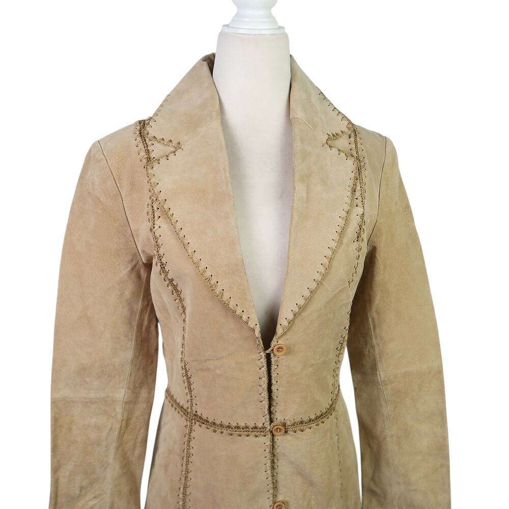 Vintage Y2K Beyond California Tan Suede Leather Crochet Trim Mid Length Coat S - Picture 2 of 6